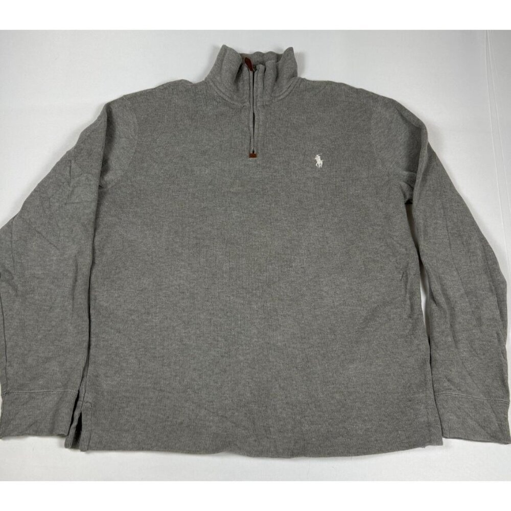 Polo Ralph Lauren Men S Quarter Zip Sweater Grey Cotton Pullover White Pony